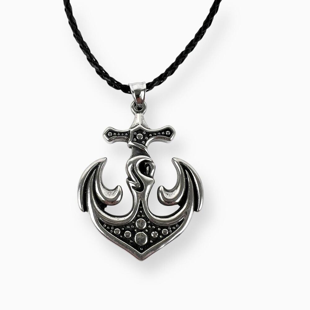Anchor Pendant Necklace Silver Tone Gothic Nautical Fashion Black Braided Cord